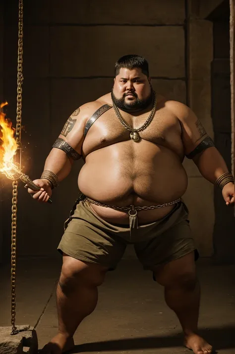 He is brave and strong man.he contained one hand is chain and another hand contain weapon.the weapon is very powerful.he is fat like hindhu god 