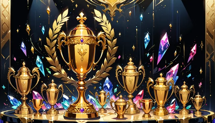 Highest quality, very good, 16K, Golden Trophy, Shiny gold plating, Twisted, Luxurious and cool design, Displayed on a rainbow crystal base, The background is a semi-transparent black room, light up