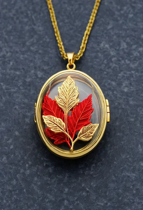 Image of a locket , luck leaf inside the locket glass , leaf glowing golden colour , red colour locket thread , locket kept on cloud , cloud scenery 