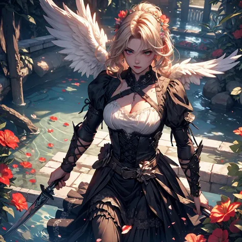 1 dark angel, flowers and sword, splashed water, dimaond, smoke, lolita long dress, rage, bloody, 8k, hd, unreal engine, dreamy, romantic