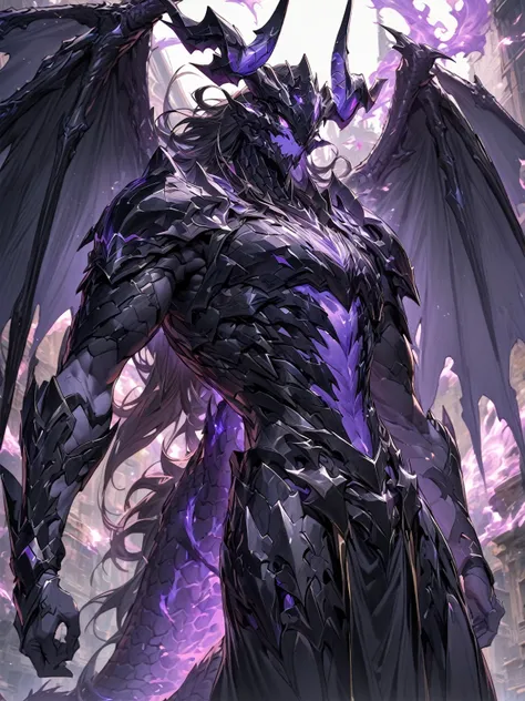 Masterpiece, Very detailed, ultra detailed, one, (1 man), man with a V-shaped body, Gray skin colour, dragon horns, two large dragon wings, full detailed dark obsidian armor with light purple details that seemed like a purple fire. Long black hair combed b...