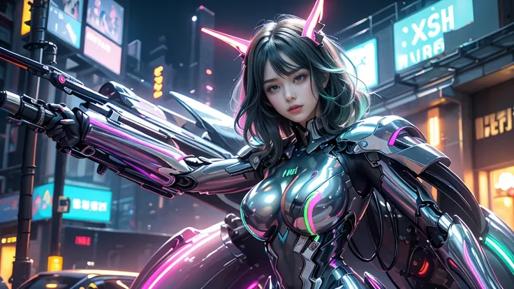 （Real engine:1.4,Ultra-high resolution,La Highest quality:1.4, Realistic:1.4, Skin Texture:1.4, masterpiece:1.8,masterpiece, Highest quality）, One Girl, Ives Girl, Mecha, Beautiful lighting, (Neon Light: 1.2), (evening: 1.5), "masterpiece, Highest quality,...