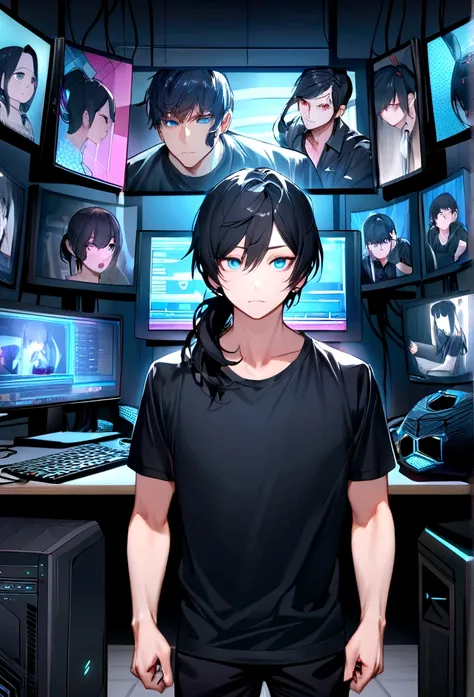 Create an image of a man with long black hair, Someone stuck in a ponytail. He is dressed in black, Includes black t-shirt and black pants. He has blue eyes and an expression of boredom. Behind him, Has 3 monitors and a gaming PC. The image must be very de...