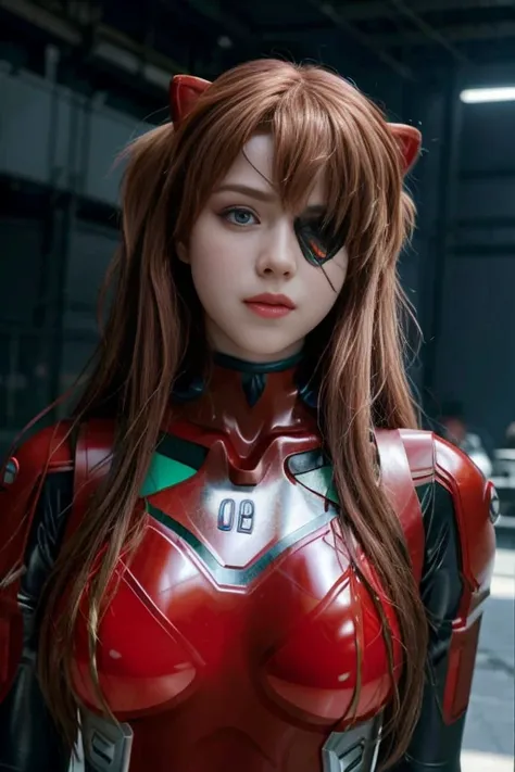 4K, 8K, (Masterpiece, best quality:1.2), blue eyes, perfect face, cosplay, professional photo, photo, photorealism, modelshoot style, portrait of shirogane, red plugsuit, Asuka shikinami soryu, black cat ears hat, eyepatch on left eye, tall muscular, cold ...