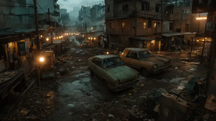 (Best quality,panorama,ultra detailed,A high resolution,masterpiece:1.2,)streets of the underground city, filled with people and gloomy green smoke,post-apocalyptic,