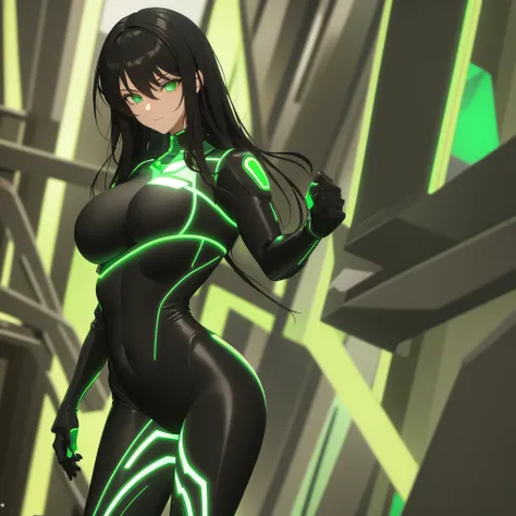 Black hair, green eyes, large breasts, tight neon green sci-fi bodysuit.