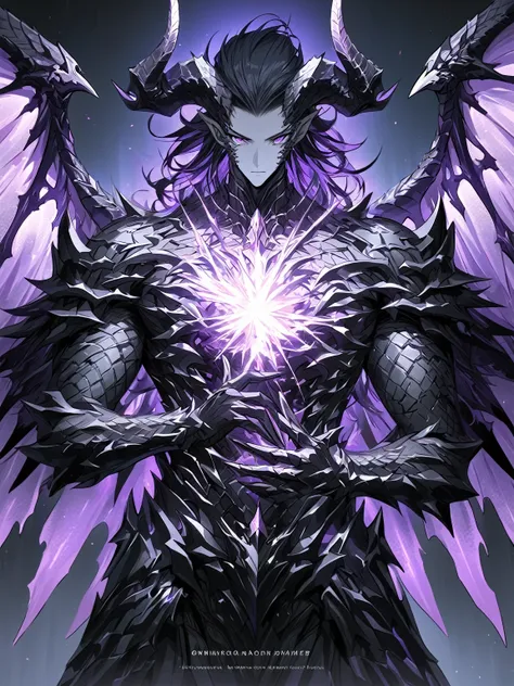 Masterpiece, Very detailed, ultra detailed, one, (1 man), man with a V-shaped body, Gray skin colour, dragon horns, two large dragon wings, full detailed dark obsidian armor with light purple details that seemed like a purple fire. Long black hair combed b...