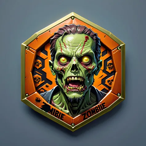 a hexagonal badge of a zombie, humor style, vector, best quality,metal outline,