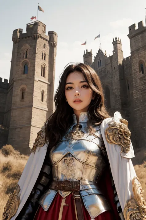 upper body focus, beautiful face, medieval setting, beautiful female knight wearing silver full body plate armor, brown long hai...