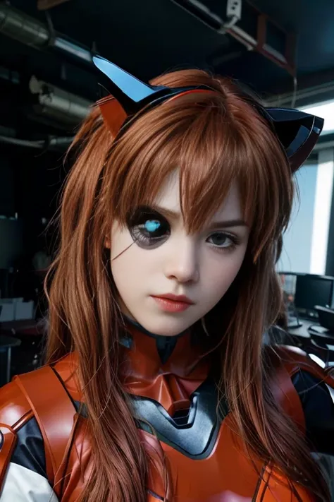 4K, 8K, (Masterpiece, best quality:1.2), blue eyes, perfect face, cosplay, professional photo, photo, photorealism, modelshoot style, portrait of shirogane, red plugsuit, Asuka shikinami soryu, black hat with cat ears ,eyepatch on left eye, tall muscular, ...