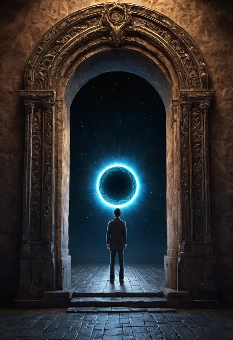 Image of a person entering a portal , portal similar to a mirrior , person reflecting in the portal 