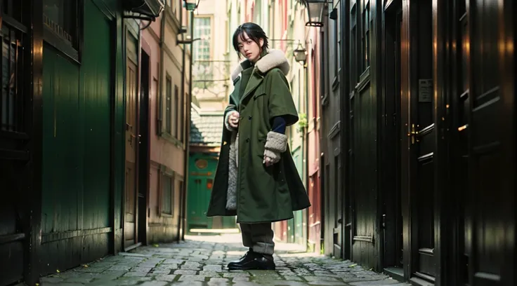 yuichiro hyakuya, (WithoutFear:1), 1 boy, black hair, green eyes, brown coat, gray armor, green shield, green cloak, dark brown gloves, town, white fur trim, anime, standing, good quality, portrait, looking at viewer