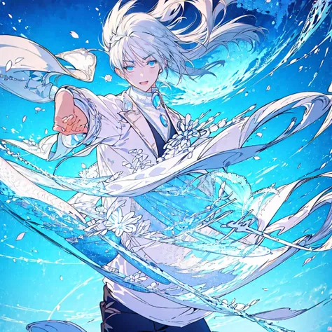 masterpiece , best quality , 1boy, white hair, blue eyes, white suit , ice , sword , anime , sky , glass , king