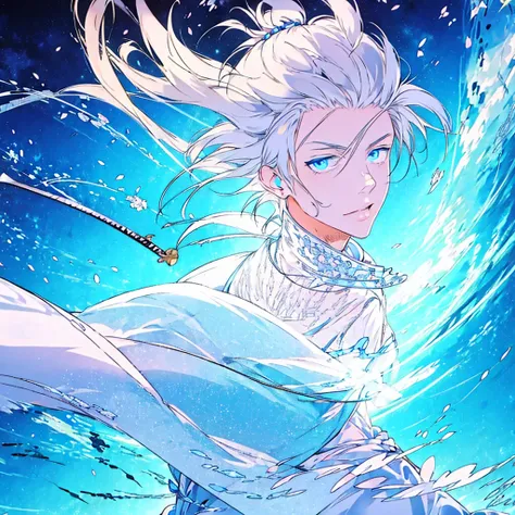 masterpiece , best quality , 1boy, white hair, blue eyes, White suit , ice , sword , anime , sky , glass , king