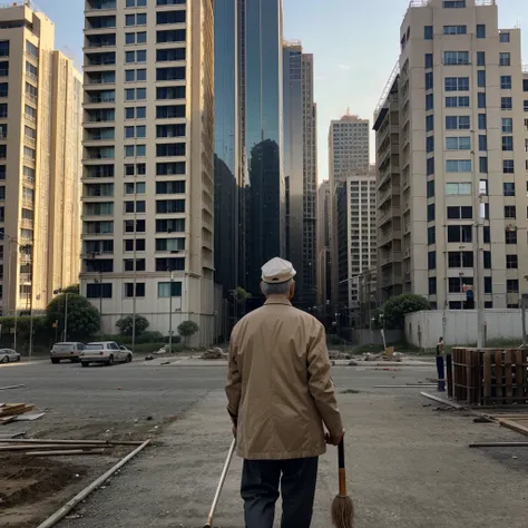 An image of a retiree in his 70s, well dressed, with a cane, looking back at the construction of a block of buildings, without being finished,  with tall construction cranes