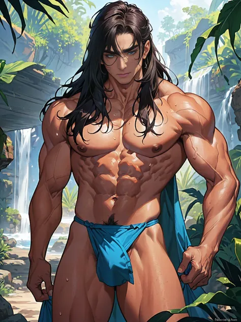 ((best quality)), ((masterpiece)), (detailed), Conan the Barbarian, nude, insanely muscular oiled body, bulge visible through loincloth, standing powerfully aroused in an ancient jungle ruin, sunlight glistening off his bulging muscles and sweat, camera zo...