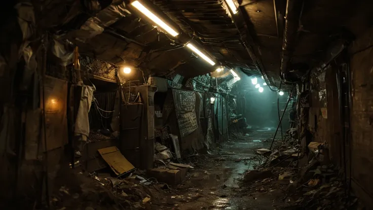 (Best quality,panorama,ultra detailed,A high resolution,masterpiece:1.2,)(((underground city))), streets filled with people and gloomy green smoke,post-apocalyptic,