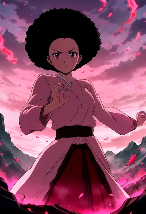 anime scene of a woman with a sword against a pink sky, Anime in the style of afro samurai, afro samurai anime style, anime epic work of art, anime beautiful world scene, unearthly anime, Anime wallpaper, Atmospheric anime, ufotable art style, unlimited nu...