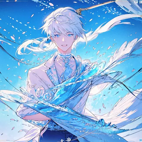 masterpiece , best quality , 1boy, white hair, blue eyes, White suit , ice , sword , anime , sky , glass , king