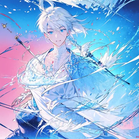 masterpiece , best quality , 1boy, white hair, blue eyes, White suit , ice , sword , anime , sky , glass , king