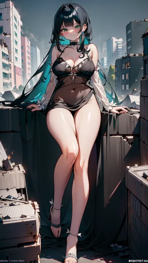 **A seductive giantess in a sheer white nightgown, with long black hair and captivating green eyes, lounges sensually atop a destroyed suburban neighborhood. Her massive body crushes houses and cars beneath her, her legs spread wide as she gazes down at th...