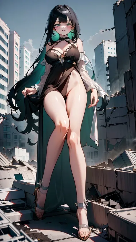 **A seductive giantess in a sheer white nightgown, with long black hair and captivating green eyes, lounges sensually atop a destroyed suburban neighborhood. Her massive body crushes houses and cars beneath her, her legs spread wide as she gazes down at th...