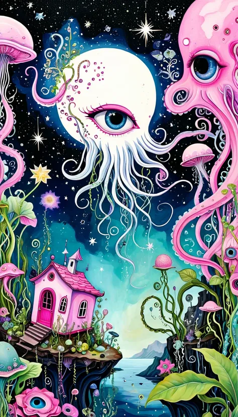 &quot;Dick Ellescas Artist Style&quot;，birdcage，plant，Tentacles，Eye、Starry Sky，Stitching together an abstract painting，Describing the inner world of autistic people，Sense of space，White Space，interesting，Innocence，Psychedelic Art，Pink theme