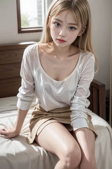 beautiful 10 year old blonde, overskirt, tight white shirt with neckline, in house