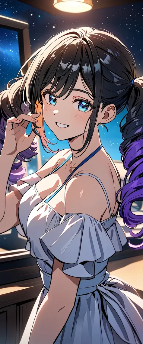 ((grin)), Eyeshadow, False eyelashes, ((off-shoulder dress:1.3, criss-cross halter)), ((white sundress)), ((cleavage)), ((high twin tails, medium hair, spiral curl hair, gradient hair, blue and black hair, hair extensions, streak)), ((sunglasses, hand to s...