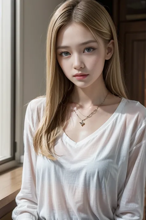 beautiful 10 year old blonde, wearing tight white shirt, neckleace