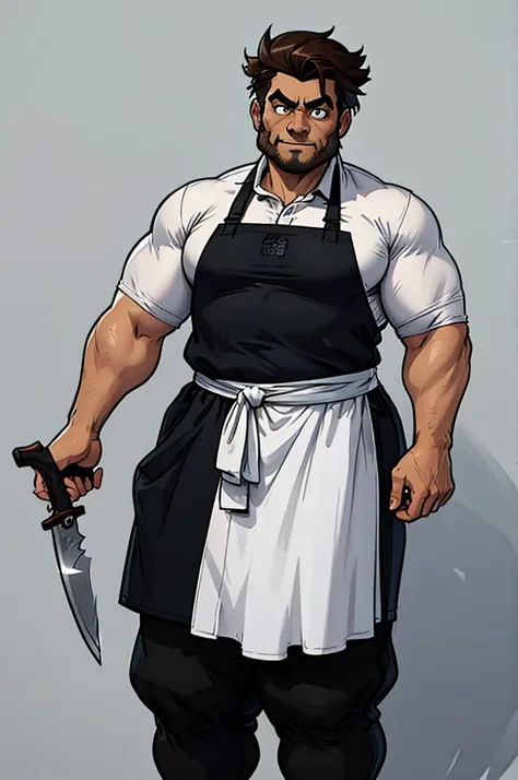 a cartoon image of a man with a knife in his hand, big Metzger man posing scarily, Ogre chef in an apron, Illustration concept art, extremely realistic concept art, realistic character concept art, He has big knives on his belt, Concept art illustration, C...