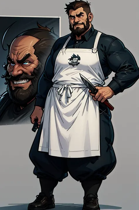 a cartoon image of a man with a knife in his hand, big Metzger man posing scarily, Ogre chef in an apron, Illustration concept art, extremely realistic concept art, realistic character concept art, He has big knives on his belt, Concept art illustration, C...