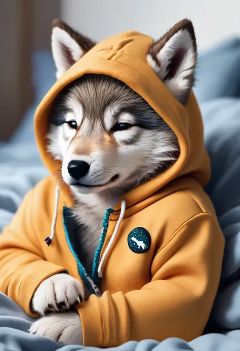 “A cute Wolf pup wearing a hoodie, sleeping peacefully. The pup is small, fluffy, and looks very cozy in a soft, well-lit environment, perhaps on a comfortable bed or a blanket.”