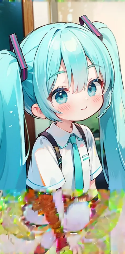 ((Highest quality)), ((masterpiece)), (detailed), Hatsune Miku，Young face，Looking up，Worried brow，Swollen face，Long blue hair in twin tails，Sitting in a chair，Primary school students，White shirt，Black suspenders，Pleated skirt，Short legs