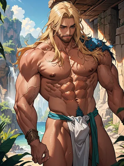 ((best quality)), ((masterpiece)), (detailed), Conan the Barbarian, nude, insanely muscular oiled body, bulge visible through loincloth, standing powerfully aroused in an ancient jungle ruin, sunlight glistening off his bulging muscles and sweat, camera zo...