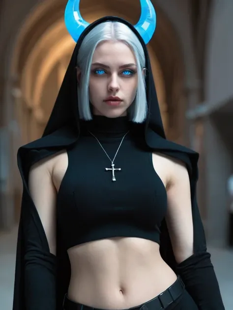 ral-opal, meahophontron, whole body, beautiful woman, devil face, Blue eyes, cyberpunk, Ropa Monja is sexy, negro, looking to the camera, nun clothes, cuerpo primer plano looking to the camera, realist, Beautiful woman, cara sexy, black clothes, Gray and b...