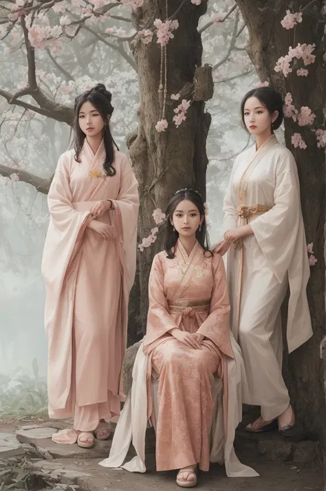 best quality, masterpiece, highres,3girls,Beautiful face,full body,chinese clothes,white Taoist robes,right hand hold sword with (Gorgeous ornamentation),peach trees,