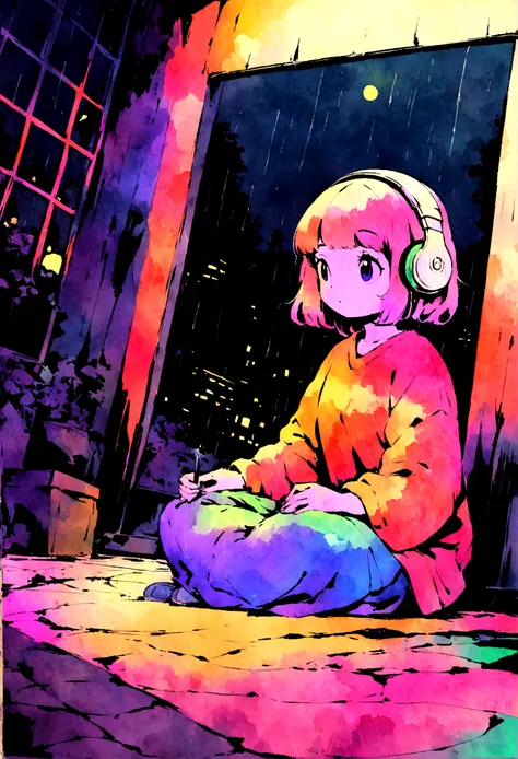 European hippie girl meditating in her room, dream, Wear headphones, night lighting, Neon scenery on a rainy day, Analog Color Theme, Lo-fi Hip Hop , review, flat, 2.5D ,Draw a line, Ink painting, Large slope, Watercolor, Goosh Colors, Studio Ghibli style,...