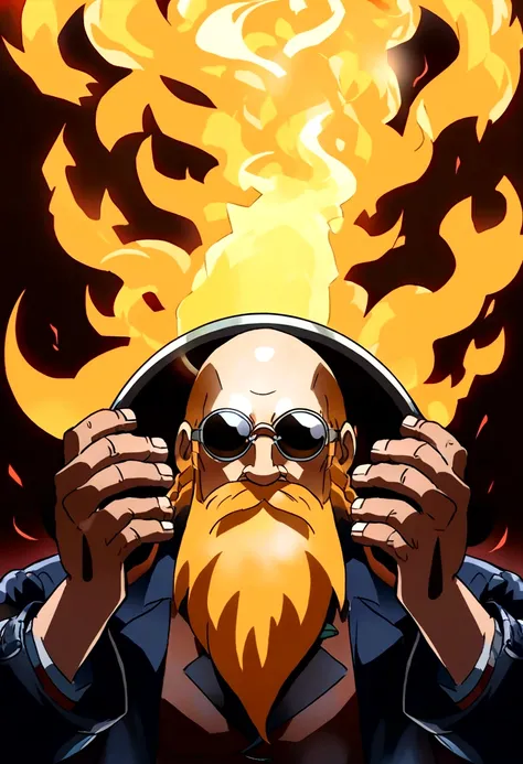 ((Background in the boiler room))，Baldhead，(There are four hands)，Fire in the head，sunglasses，Long beard，(Illustration style，Miyazaki animation style)