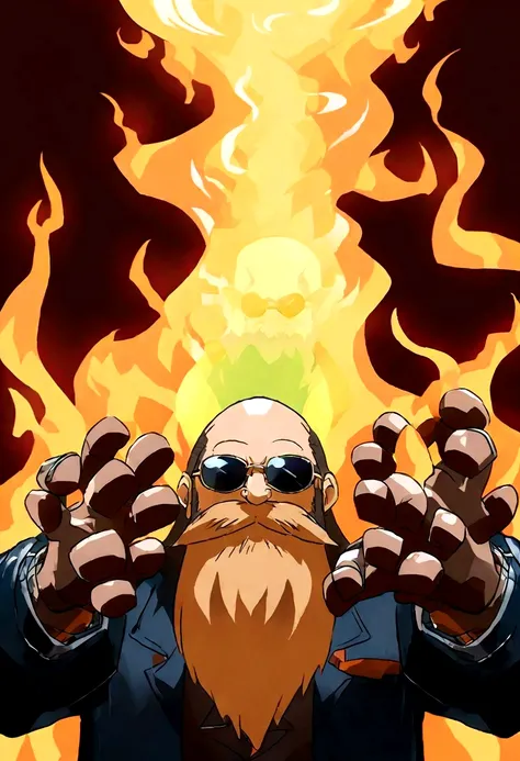 ((Background in the boiler room))，Baldhead，(There are four hands)，Fire in the head，sunglasses，Long beard，(Illustration style，Miyazaki animation style)