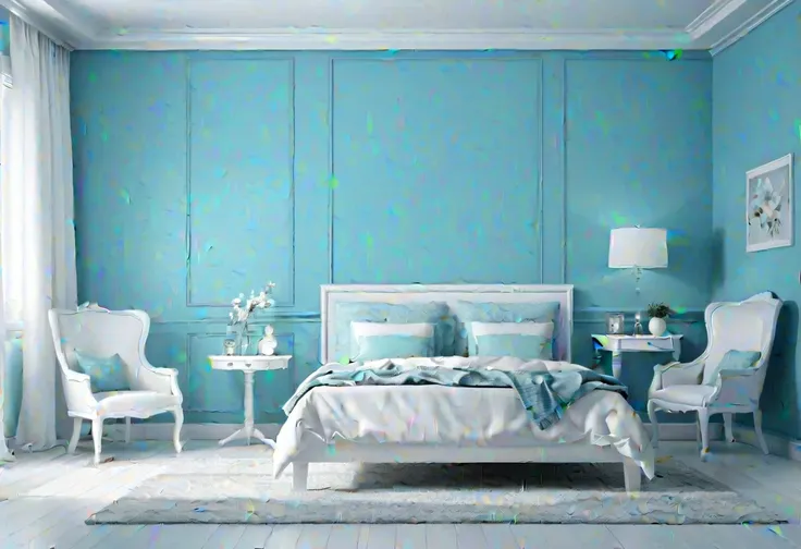 arafed bedroom with a bed, chair and a chair in front of a blue wall, bedroom background, bedroom interior, blue realistic 3 d render, elegant interior, brightly lit blue room, white bed, white and teal metallic accents, white and blue color scheme, person...