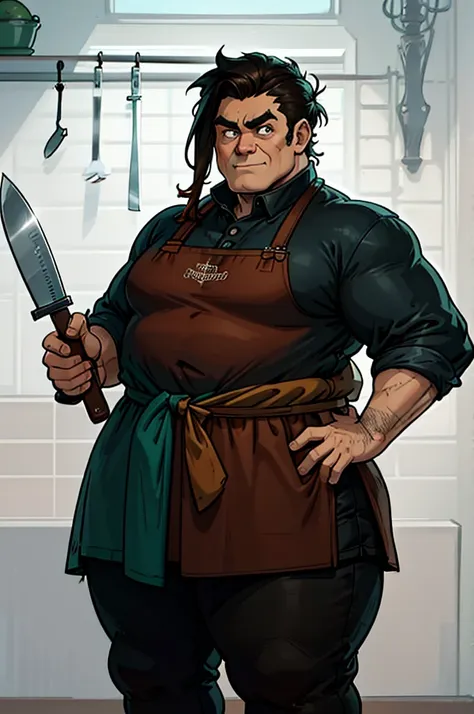 a cartoon image of a man with a knife in his hand, big metzger man posing scarily, ogre chef in an apron, illustration concept a...