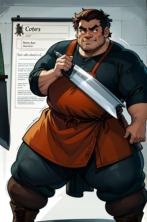 a cartoon image of a man with a knife in his hand, big metzger man posing scarily, ogre chef in an apron, illustration concept a...