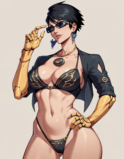 tall beautyfull woman, bayonetta shape, golden robotic arms, short black hair, golden earring, black panties, golden bracelet,su...