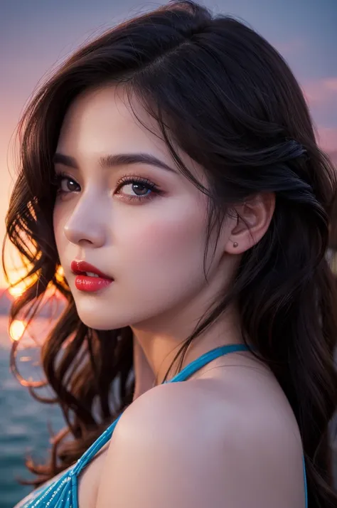 Best Quality, hyper realistic,Masterpiece, Ultra High Resolution, (Realism: 1.4), Original Photo close up, 1Girl,brown Eyes,red lip,wearing blue sweeter, Cinematic Lighting, black longwavy Hair, At Sunset