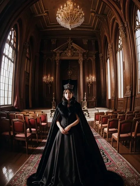 A majestic queen in a gorgeous dress。Fur Cape。A room in a Gothic palace。Watching the audience、((Fisheye Lens))