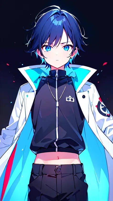 [(BLACK BACKGROUND:1.5),::5], ((((masterpiece)))), high quality, ultra very high resolution, full color, (((solo))), ((little boy)), BLACK hair, streake Blue hair, (oriental deepblue eyes), anime, ((upper body)), Summer clothes, neon light, black parka, 