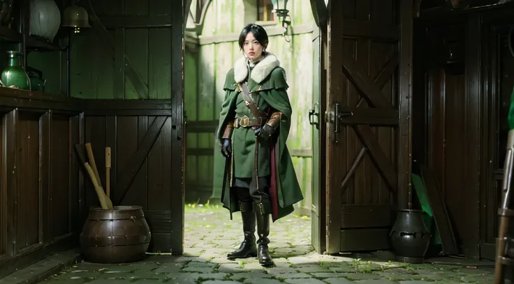 yuichiro hyakuya, (WithoutFear:1), 1 boy, black hair, green eyes, brown coat, gray armor, green shield, green cloak, dark brown gloves, town, white fur trim, anime, standing, good quality, portrait, looking at viewer