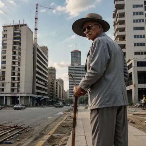 An image of a retiree in his 70s, well dressed, with wide brimmed hat,  with a cane, looking back at the construction of a block of buildings, without being finished, with tall construction cranes