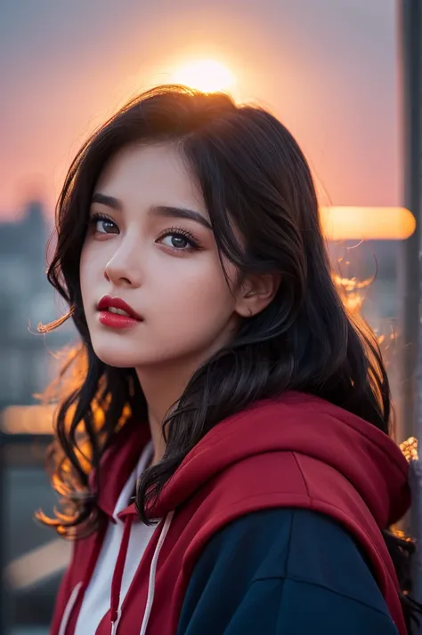 Best Quality, hyper realistic,Masterpiece, Ultra High Resolution, (Realism: 1.4), Original Photo close up, 1Girl,brown Eyes,red lip,wearing blue hoodie, Cinematic Lighting, black longwavy Hair, At Sunset